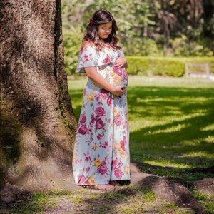 Light Blue Rose Off the Shoulder Maternity Dress